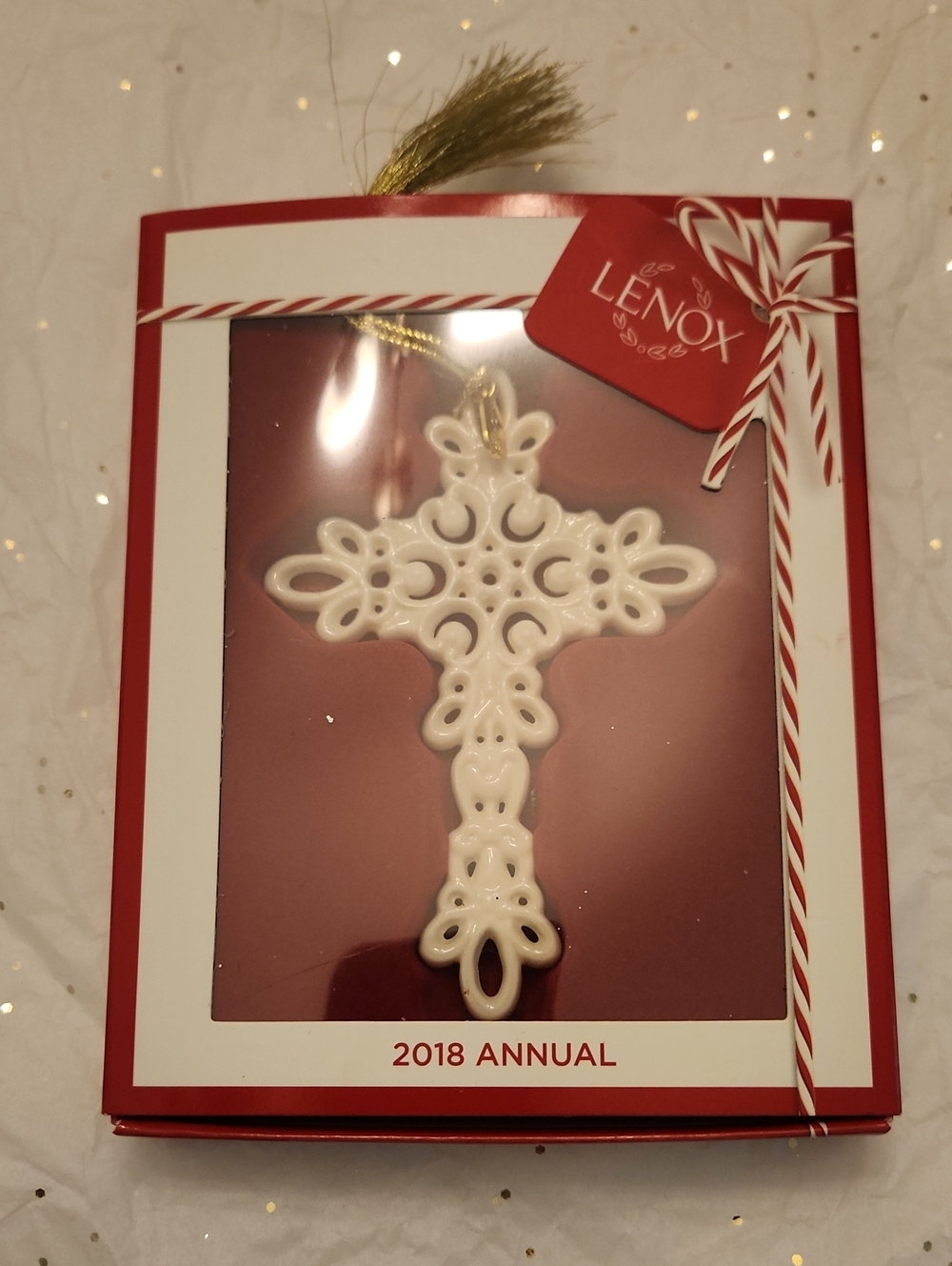 Lenox White Porcelain 2018 Ornate Cross Holiday Ornament with Gold Loop